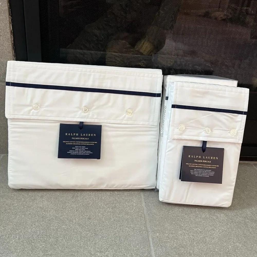 Ralph Lauren Flat Sheet Twin‎ Standard Pillow Cases Organic Cotton Palmer Navy